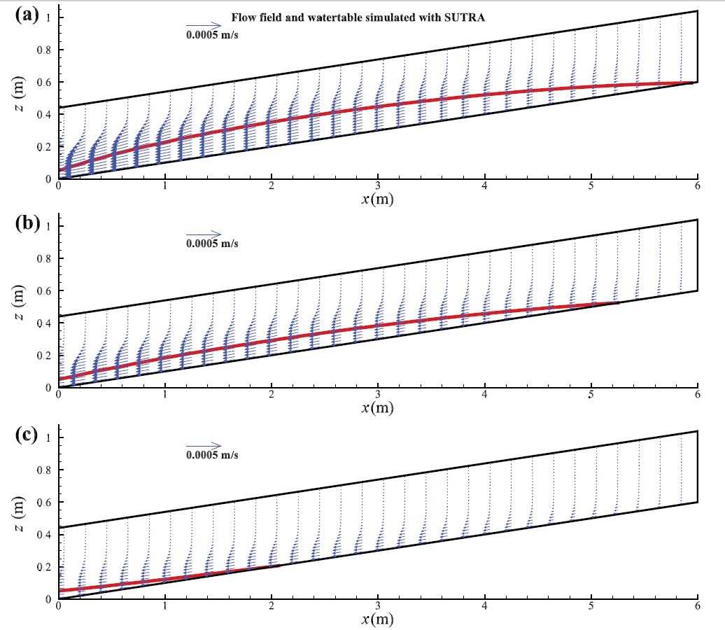 图3排水不同阶段边坡内的流态特征（红色为潜水面，蓝色为流矢）